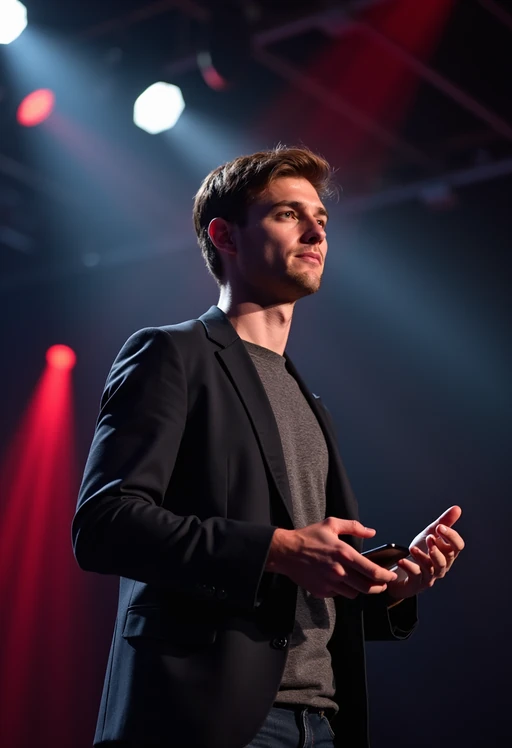 model as a conference keynote speaker standing on stage at a conference