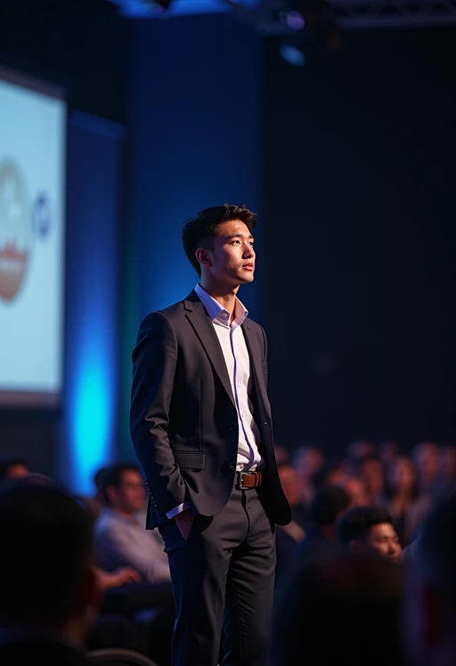 model as a conference keynote speaker standing on stage at a conference