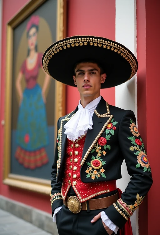 if(gender=f){colorful and cultural} if(gender=m){bold and cultural} model in Mexico City wearing a traditional charro suit/china poblana, Frida Kahlo Museum in the background