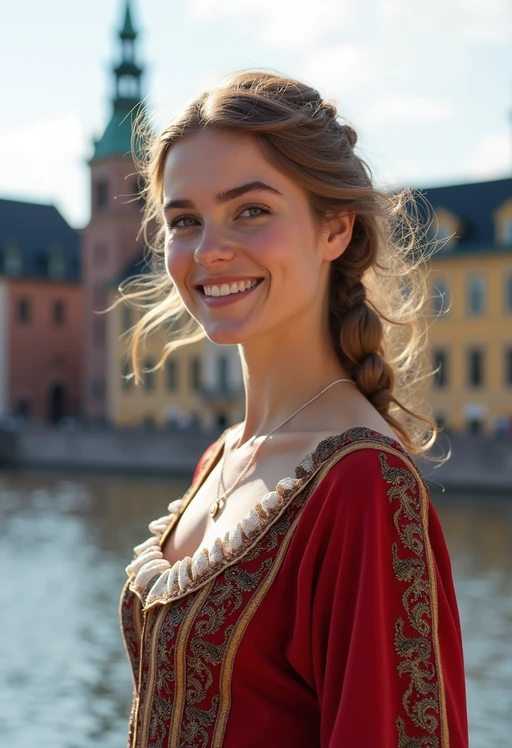 if(gender=f){traditional} if(gender=m){dignified and traditional} model in Stockholm wearing a Swedish folkdräkt, Stockholm Palace in the background