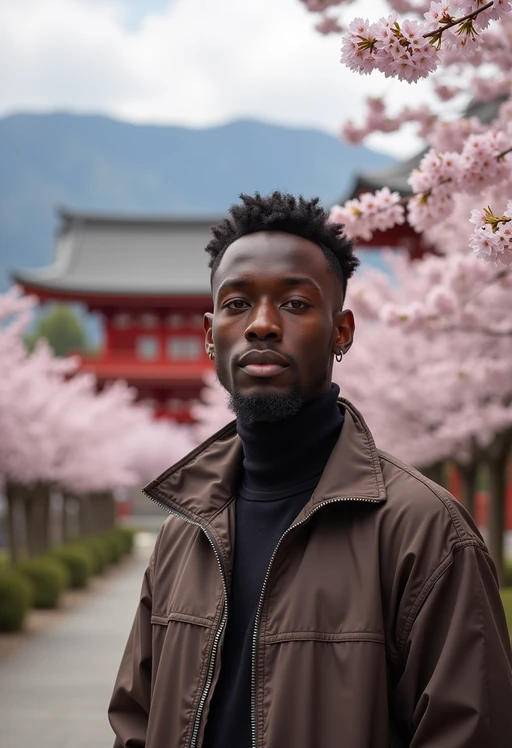 model in Japan with Japanese Cherry Blossom Trees and Japanese temples in background