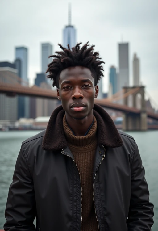 model in New York City with Manhattan in background