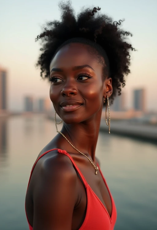 model in Dubai with skyline in background
