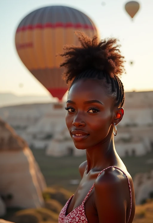 Breathtakingly model with hot air balloons in the background in cappadocia, Türkiye. Cappadocia, Turkey