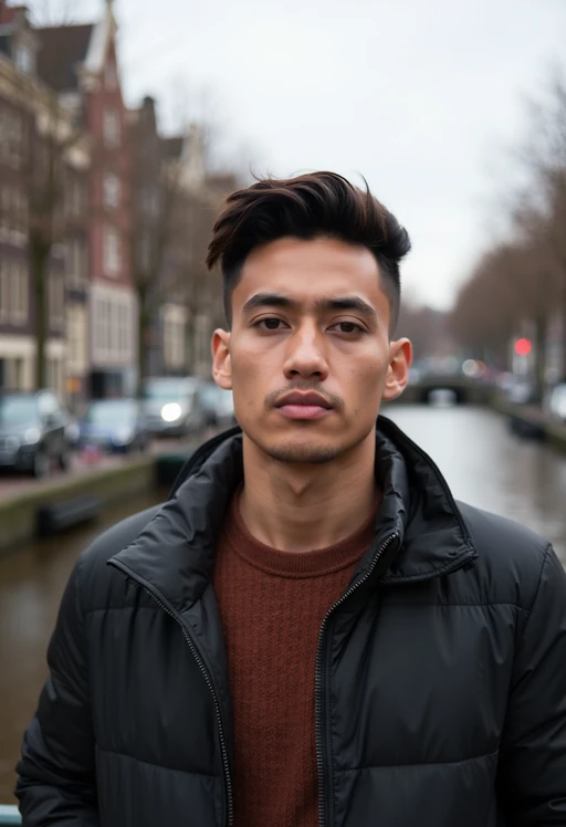 model in Amsterdam with the Amsterdam Canals in background