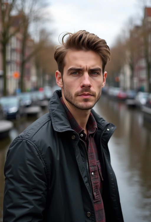 model in Amsterdam with the Amsterdam Canals in background