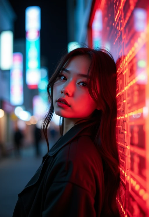 model in Tokyo at night with neon lights