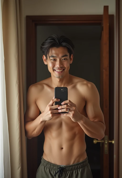 beautiful model taking a selfie in bedroom mirror