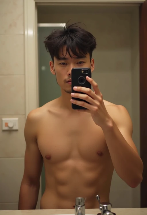 beautiful model taking a selfie in bathroom mirror