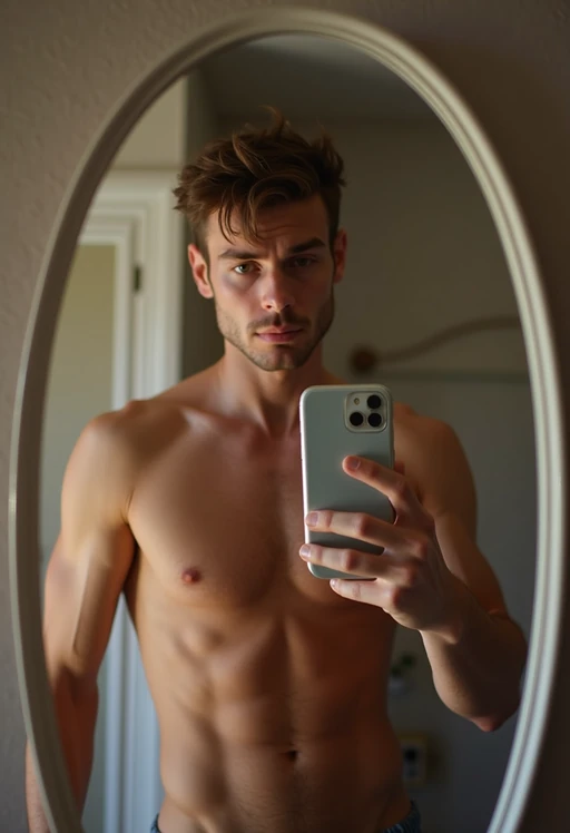 beautiful model taking a selfie in bedroom mirror