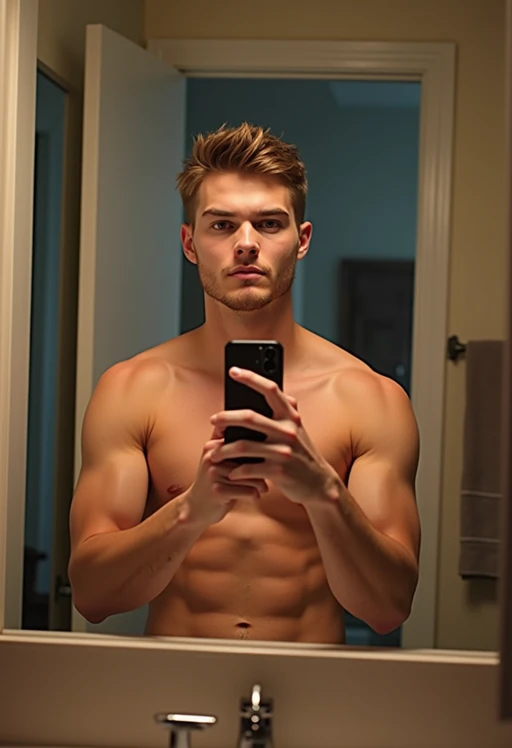 beautiful model taking a selfie in bathroom mirror