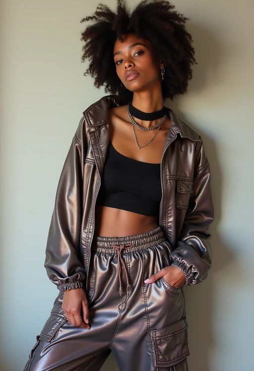 model wearing Y2K aesthetic, 2000s fashion, aughts style, noughties style, grunge or 2000s style, oversized washed out style, baggy pants, low rise pants or cargo pants, crop top, Choker, Metallic, iridescent fabrics, posing for photo