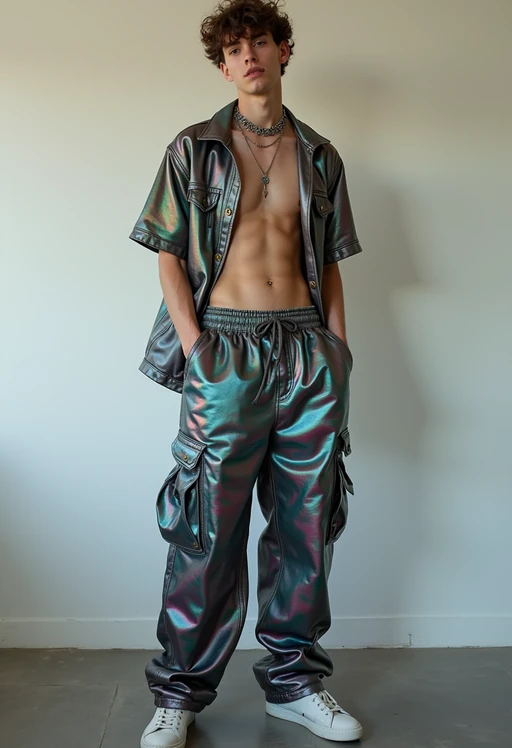 model wearing Y2K aesthetic, 2000s fashion, aughts style, noughties style, grunge or 2000s style, oversized washed out style, baggy pants, low rise pants or cargo pants, crop top, Choker, Metallic, iridescent fabrics, posing for photo
