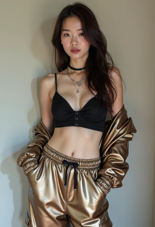 model wearing Y2K aesthetic, 2000s fashion, aughts style, noughties style, grunge or 2000s style, oversized washed out style, baggy pants, low rise pants or cargo pants, crop top, Choker, Metallic, iridescent fabrics, posing for photo