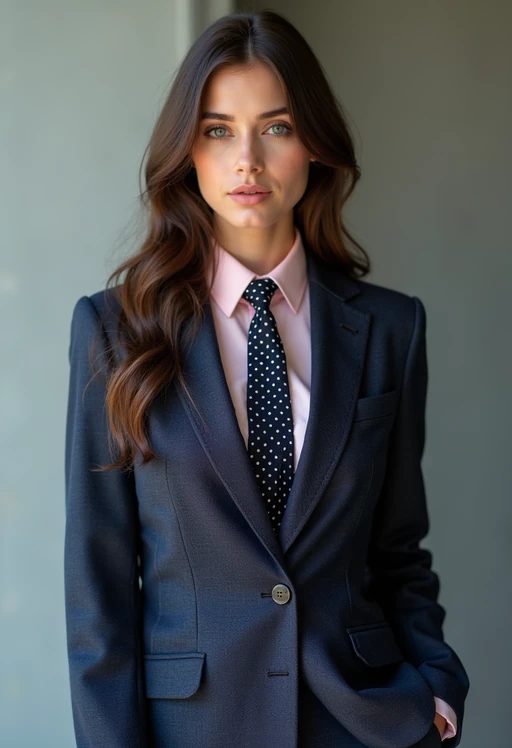 if(gender=m){handsome and stylish} model wearing a classic navy herringbone suit with a light pink dress shirt and a polka dot tie