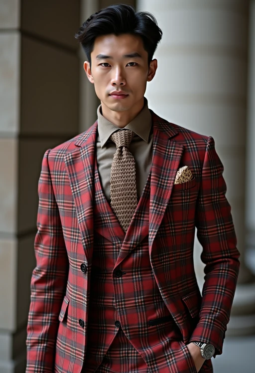 if(gender=m){handsome and stylish} model showcasing a dappersuit in a bold plaid pattern with a solid-colored shirt and a knitted tie