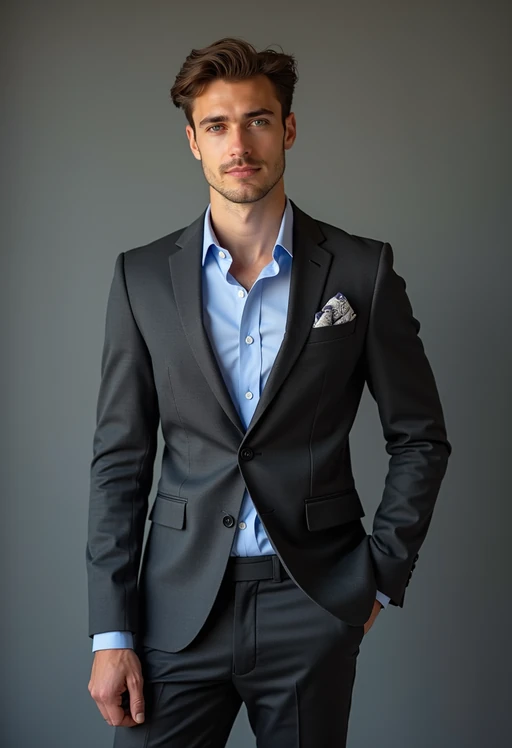 if(gender=m){handsome and stylish} model showcasing a modern slim-fit charcoal with a light blue dress shirt and a contrasting pocket square