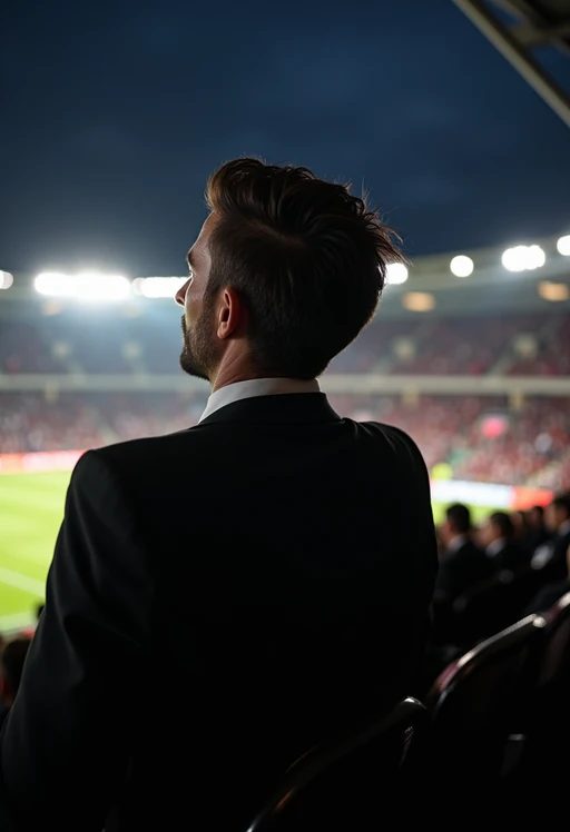 model wearing if(gender=f){black cut out dress}  if(gender=m){black suit} in a VIP box at a sporting event at night, capturing the thrill of live sports with nightlife