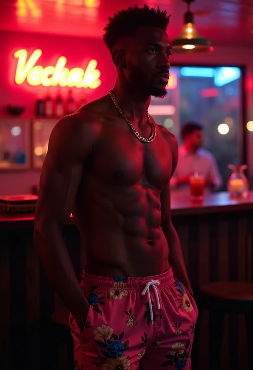 model if(gender=f){hourglass figure}, if(gender=m){fit body} in floral silk if(gender=f){bodycon dress} if(gender=m){swim shorts and shirtless} at cocktail bar with neon lights