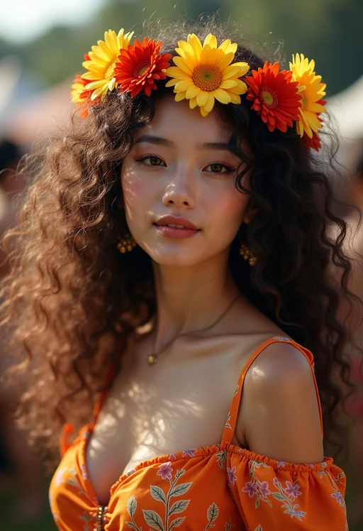 a stunning model with if(gender=f){flowing curly hair and flower accessories} if(gender=m){a stylish hat and sunglasses}, capturing the essence of festival fashion and individuality