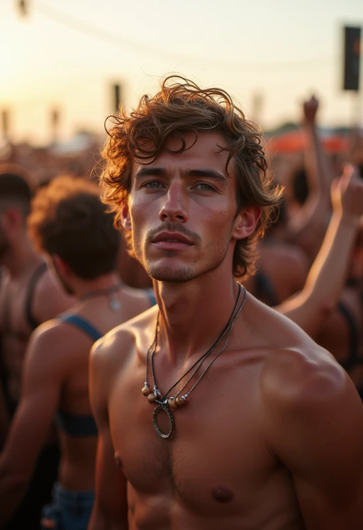 a stunning model surrounded by if(gender=f){a group of friends} if(gender=m){a crowd of fellow festival-goers}, capturing the sense of community and celebration at the festival