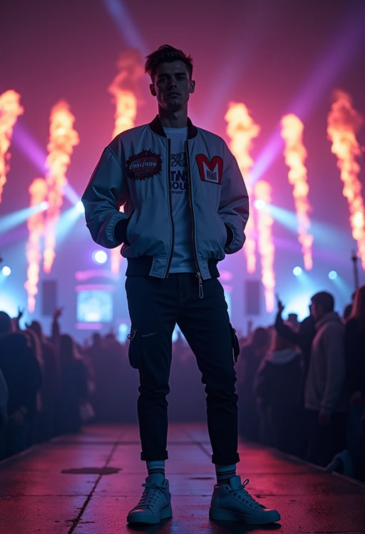 a model in if(gender=f){a bohemian jumpsuit and a wide-brimmed hat} if(gender=m){a cool bomber jacket and sneakers}, striking a pose in front of a stage backdrop, capturing the excitement of a music festival