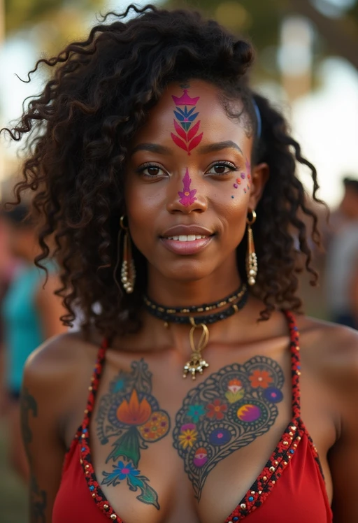 a model with if(gender=f){colorful temporary tattoos and henna art} if(gender=m){a tribal face paint design}, adding an element of tribal and cultural inspiration to their festival look