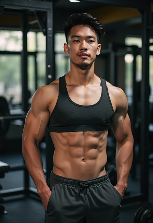 if(gender=m){masculine} if(gender=f){feminine} model in the gym wearing if(gender=m){t-shirt and gym shorts} if(gender=f){sports bra and leggings}