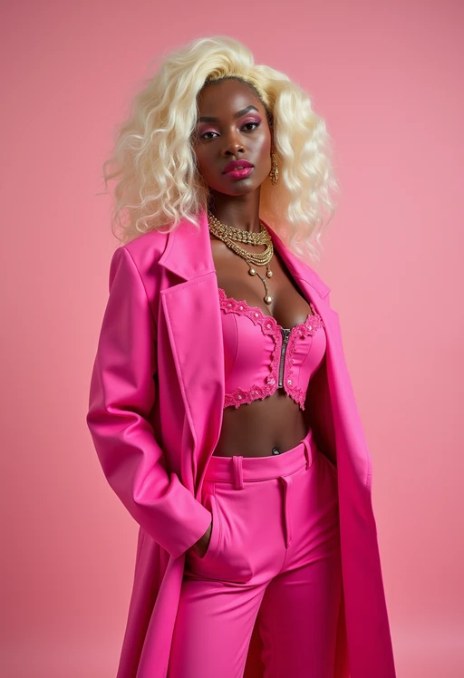 full body shot of sexy model dressed up in full hot pink with Barbie clothes platinum blonde hair, hot pink style