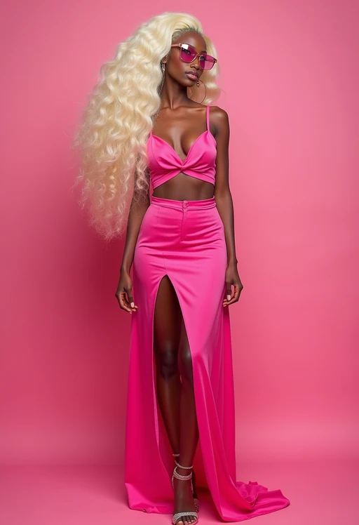 full body shot of sexy model dressed up in full hot pink with Barbie clothes platinum blonde hair, hot pink style