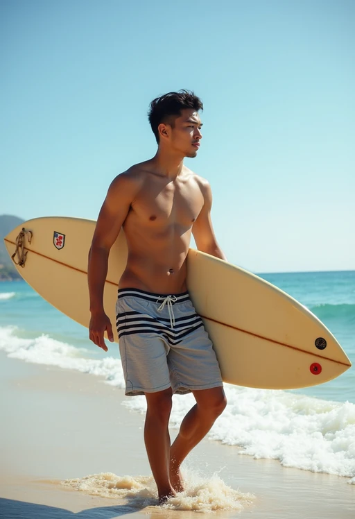 model in if(gender=f){high-waisted bikini} if(gender=m){board shorts} with surfboard on the beach, ready to ride the waves