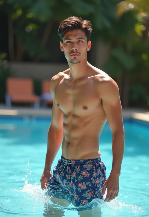 model in if(gender=f){swimsuit} if(gender=m){swim shorts} by the poolside, making a splash