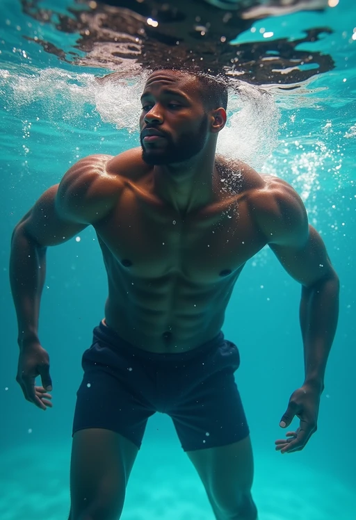 model in if(gender=f){swimsuit} if(gender=m){swim shorts} underwater, showcasing athletic ability