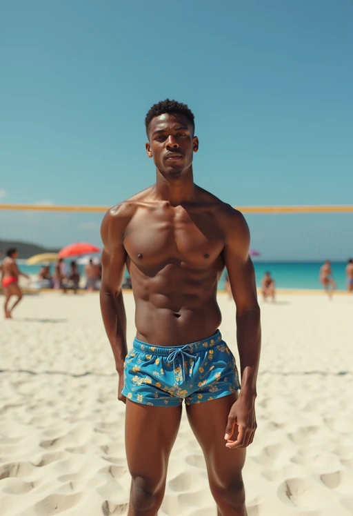 model in if(gender=f){one-piece swimsuit} if(gender=m){swim trunks} on a beach volleyball court, ready to serve