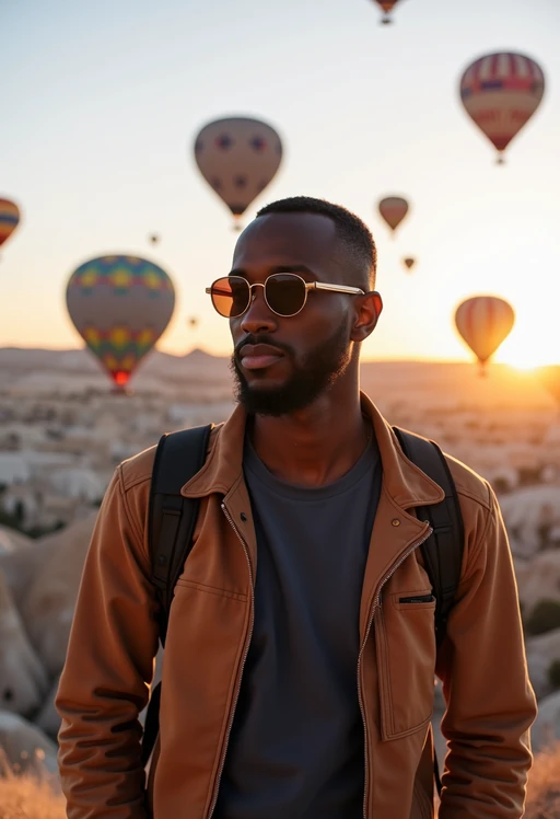 Breathtakingly model as digital nomad with hot air balloons in the background in cappadocia, Türkiye. Cappadocia, Turkey