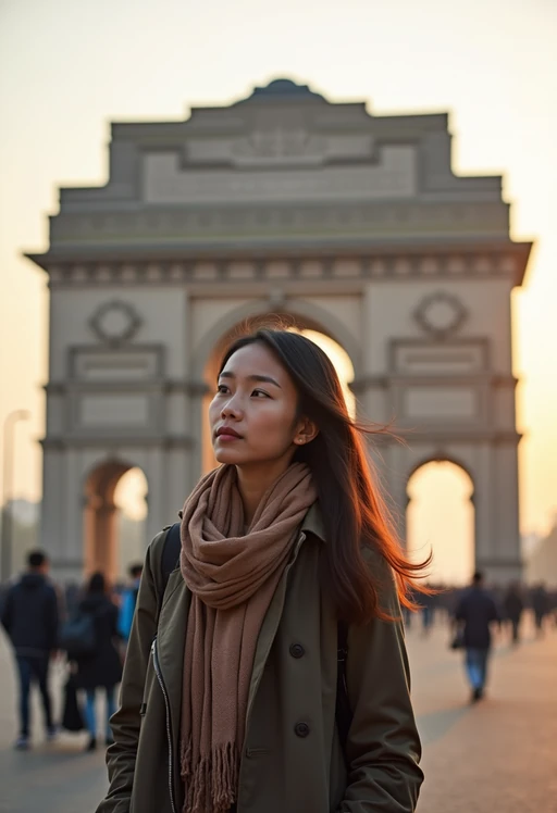 model as digital nomad in Delhi with the India Gate in the background