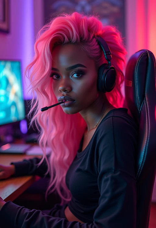 amazingly detailed model, masterpiece, ultra hd, full shot, dynamic angle, beautiful girl, computer gamer, gaming computer, gaming chair, playing cyberpunk 2077, neon bedroom, streamer setup, , cyberpunk theme, wild long hair, Wavy Cut with Curtain Bangs, bubblegum pink hair, high detail hair, smokey eye shadow, high detail skin, high detail eyes, seductive eyes, smokey makeup
