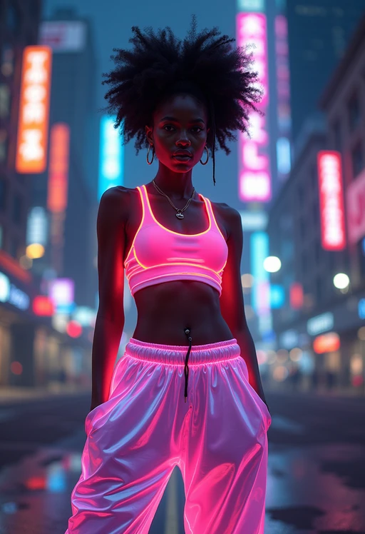 model wearing sporty neon if(gender=f){crop top} if(gender=m){t-shirt} and holographic joggers in a dystopian digital cityscape
