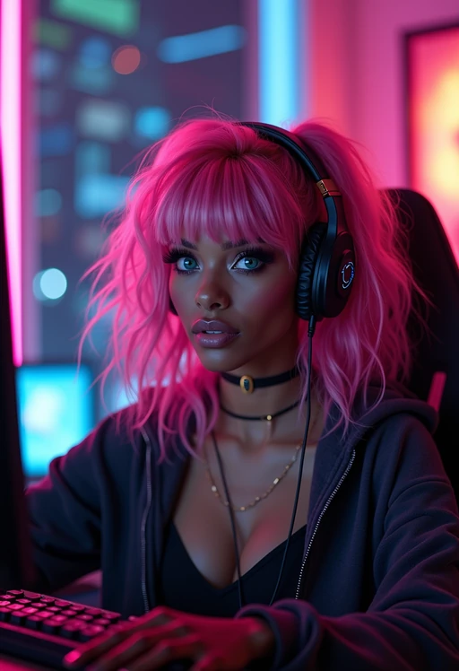 amazingly detailed model, masterpiece, ultra hd, full shot, dynamic angle, beautiful girl, computer gamer, gaming computer, gaming chair, playing cyberpunk 2077, neon bedroom, streamer setup, , cyberpunk theme, wild long hair, Wavy Cut with Curtain Bangs, bubblegum pink hair, high detail hair, smokey eye shadow, high detail skin, high detail eyes, seductive eyes, smokey makeup