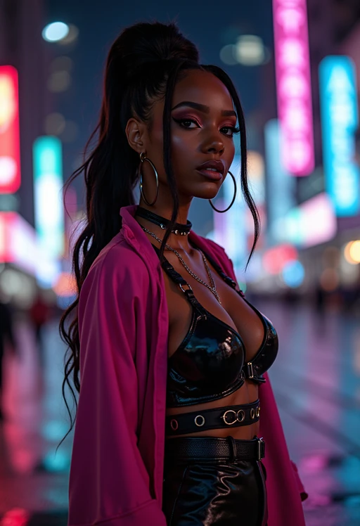 cosplayer model in a cyberpunk outfit, posing against the backdrop of bright city lights