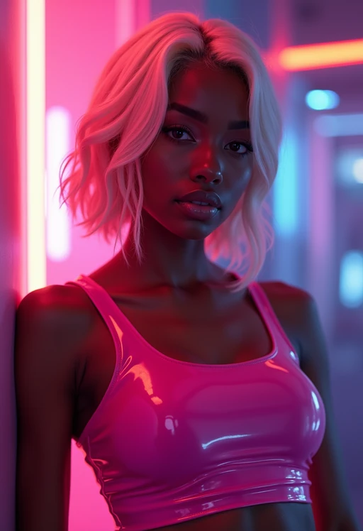 model with platinum blonde hair, in neon bar, cyberpunk, pink latex crop top, professional award winning photography, beautiful detailed eyes, highly detailed glossy eyes, high detailed skin, skin pores