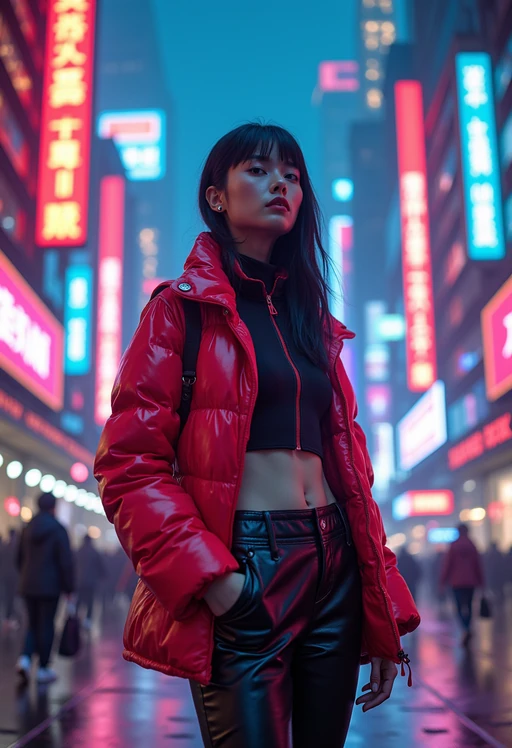 cyberpunk model with futuristic cyberpunk neon clothes standing in cyberpunk city with neon lights city on Mars in future, neon billboards, skyscrapers