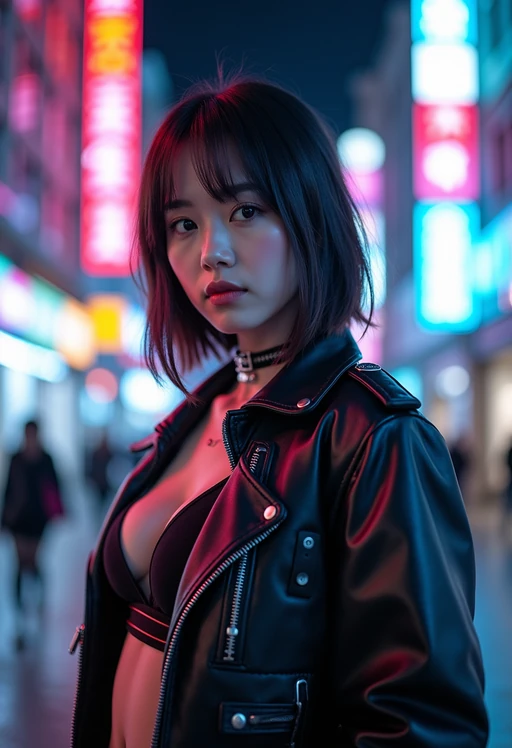 cosplayer model in a cyberpunk outfit, posing against the backdrop of bright city lights