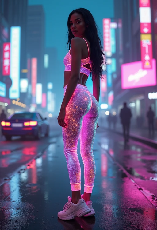 model wearing sporty neon if(gender=f){crop top} if(gender=m){t-shirt} and holographic joggers in a dystopian digital cityscape
