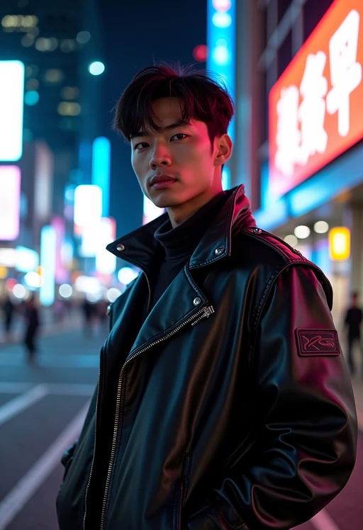 cosplayer model in a cyberpunk outfit, posing against the backdrop of bright city lights