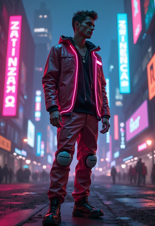 cyberpunk model with futuristic cyberpunk neon clothes standing in cyberpunk city with neon lights city on Mars in future, neon billboards, skyscrapers
