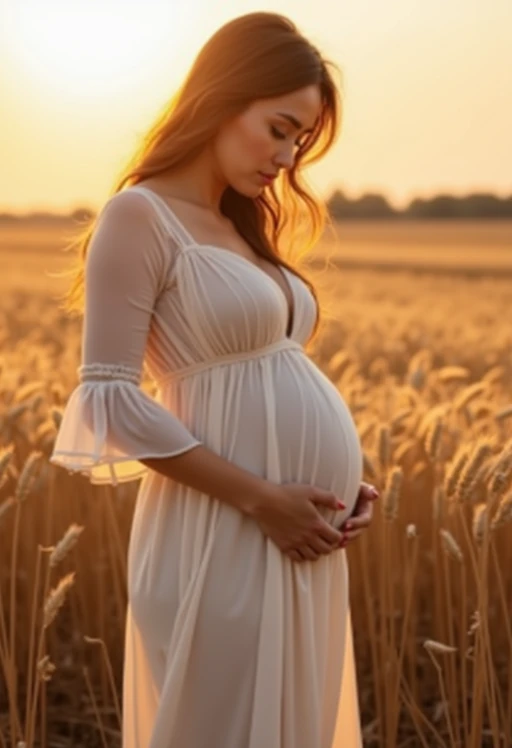 healthy pregnant model in maternity photographs, beautiful pregnant model, maternity photography in field of wheat. golden hour