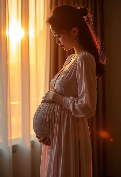 healthy pregnant model in maternity photographs, beautiful pregnant model, maternity photography in beautiful home. golden hour