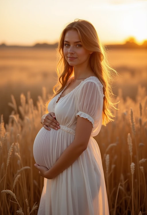 healthy pregnant model in maternity photographs, beautiful pregnant model, maternity photography in field of wheat. golden hour
