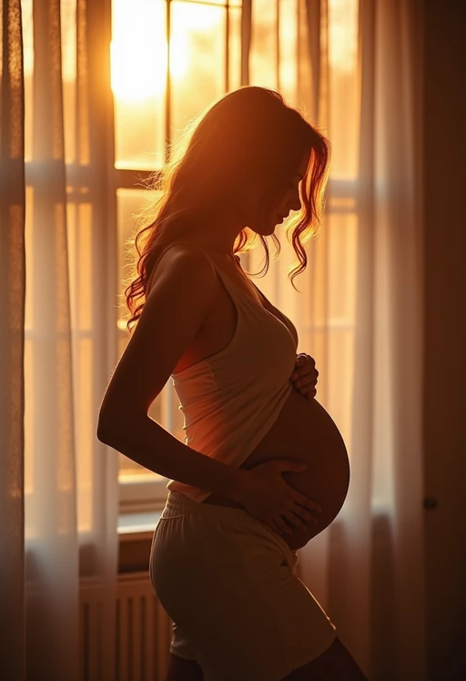 healthy pregnant model in maternity photographs, beautiful pregnant model, maternity photography in beautiful home. golden hour